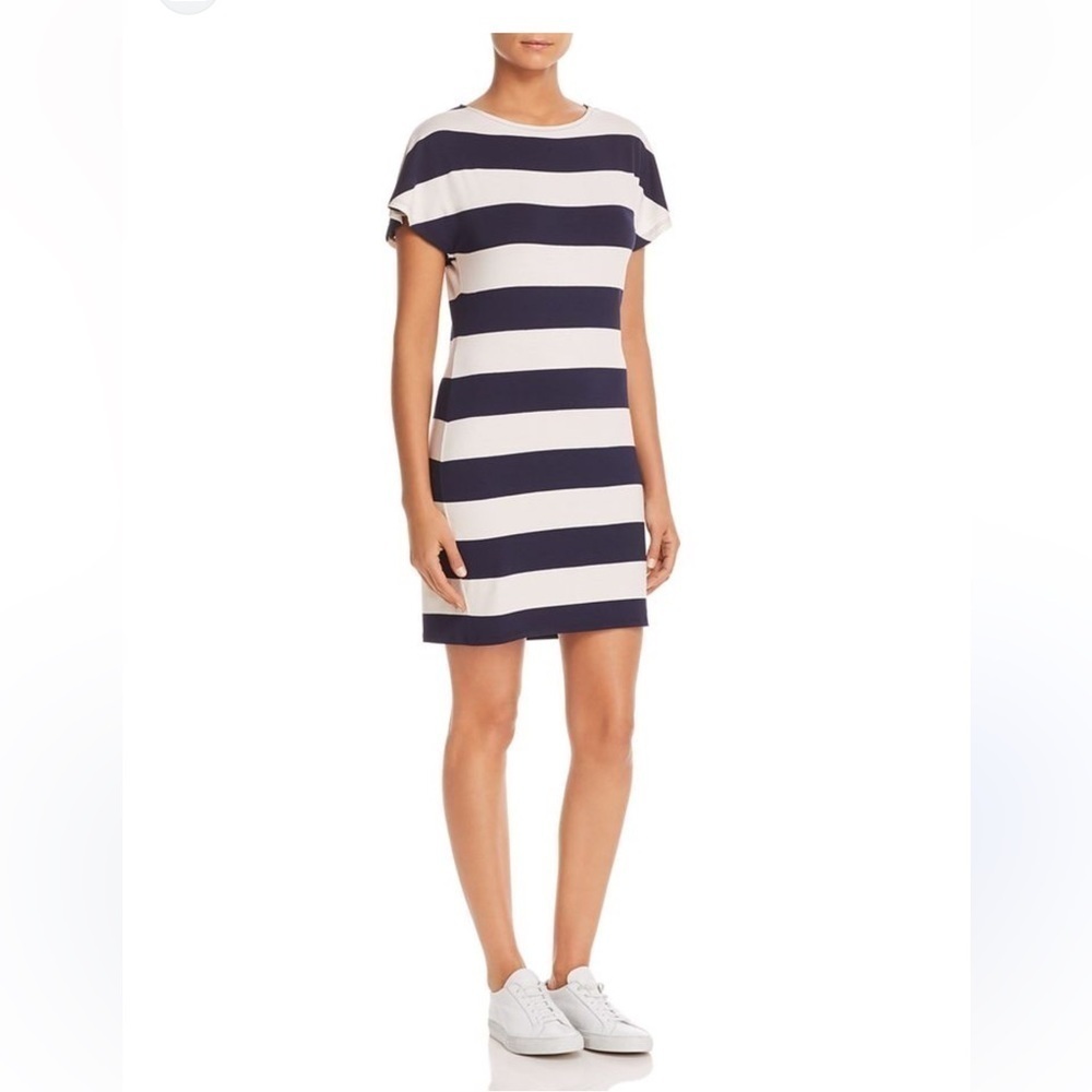 Three Dots South Hampton Striped
Dress Small Navy Blue And White Striped